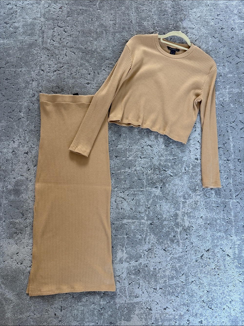 French Connection Camel Ribbed Long-Sleeve Crop Top & Midi Skirt Set
